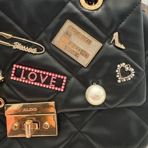 Aldo Black Quilted Chain Strap Shoulder Bag W/ GoldTone Accent & Decorative Pins - Picture 14 of 16